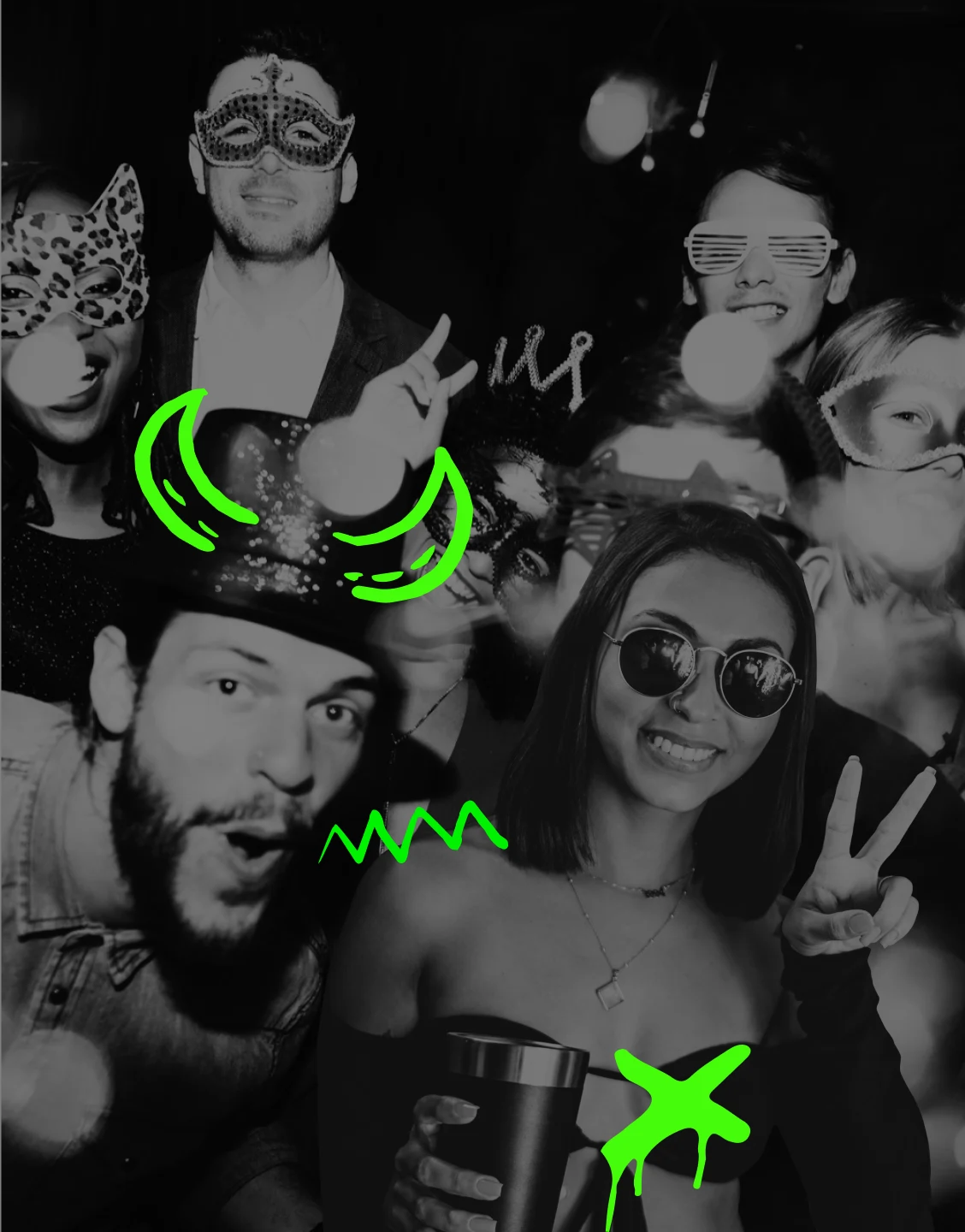 Friends in party masks posing for a photo