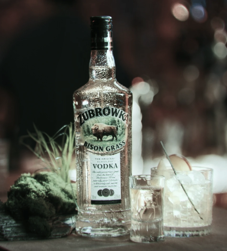 A bottle of Żubrówka Bison Grass on a bar